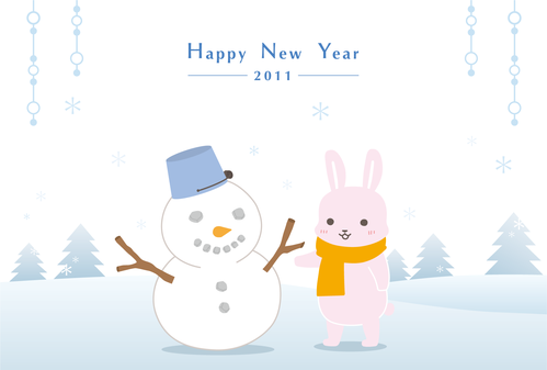 雪だるまとうさぎさんの年賀状素材